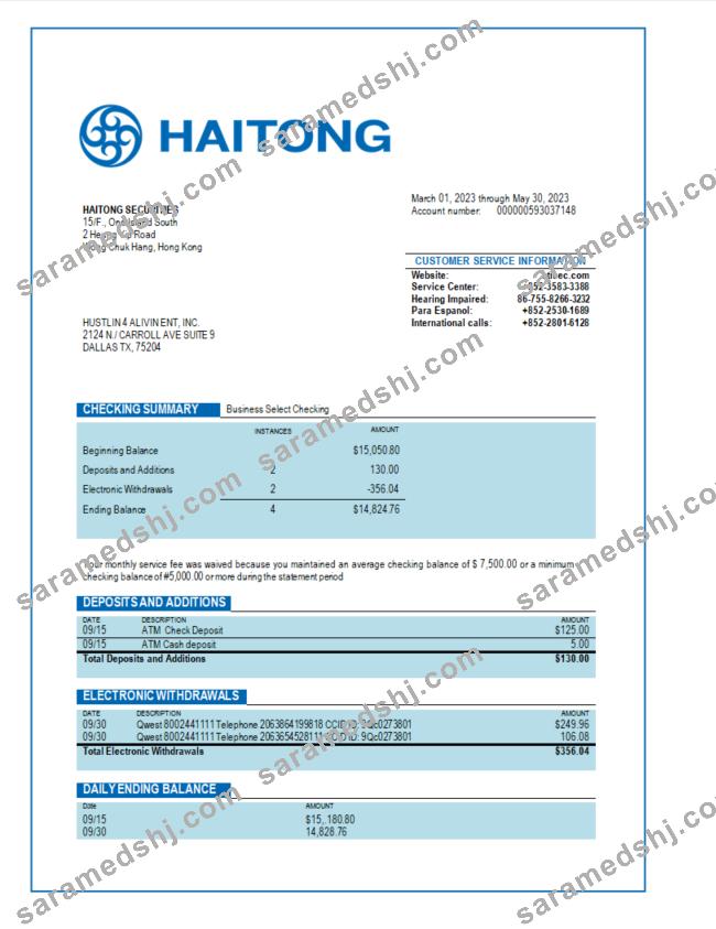 Haitong Securities business bank statement Word and PDF template